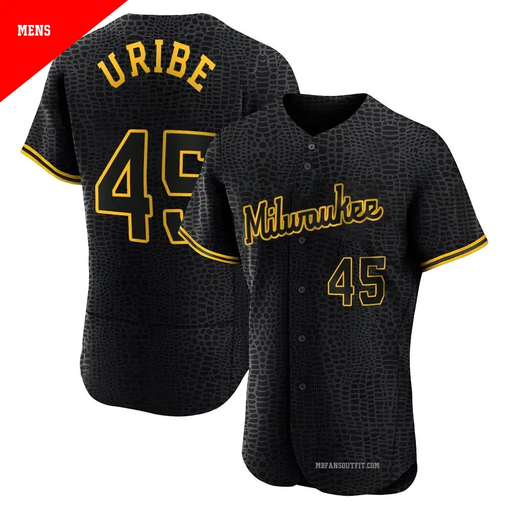 Men's ＃45 Abner Uribe Milwaukee Brewers Black Authentic Snake Skin City Jersey