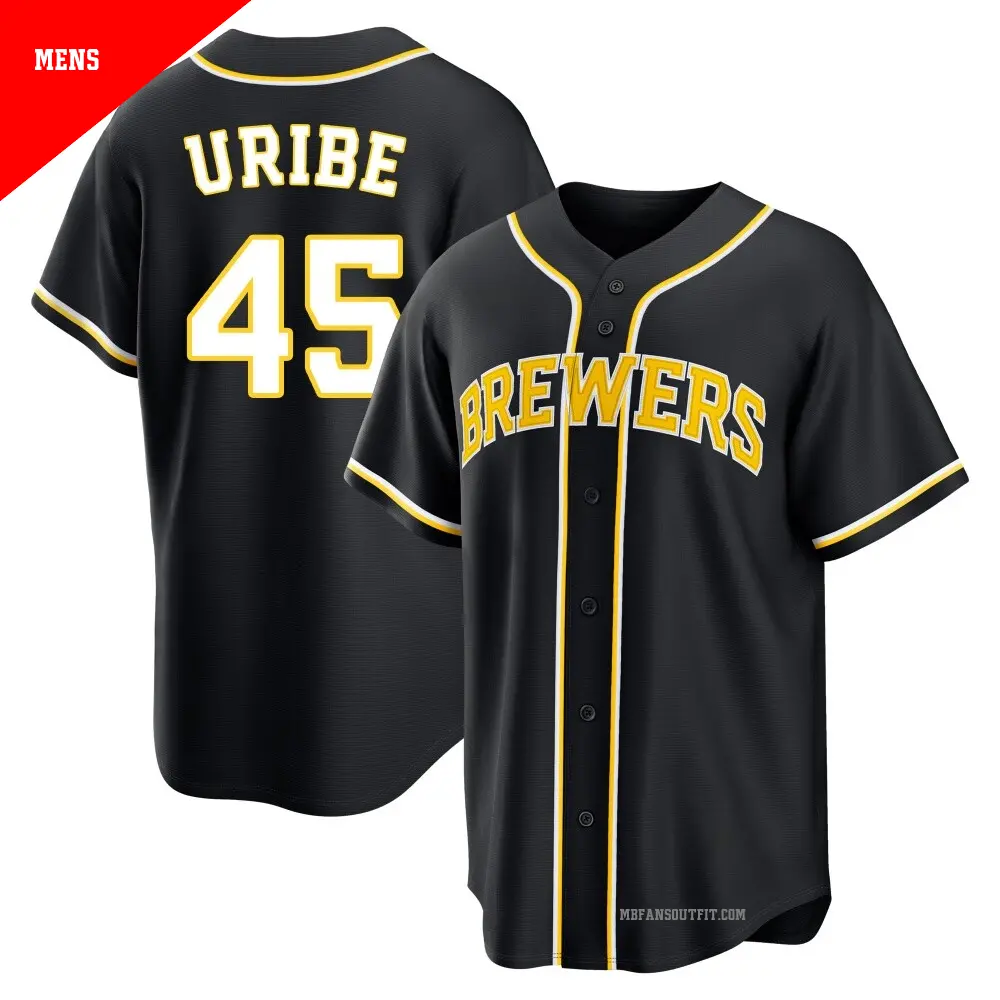 Men's ＃45 Abner Uribe Milwaukee Brewers Black Replica Fashion Out Jersey