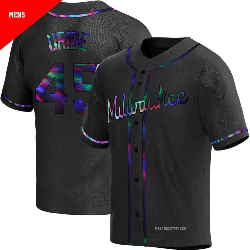 Men's ＃45 Abner Uribe Milwaukee Brewers Black Replica Holographic Alternate Jersey