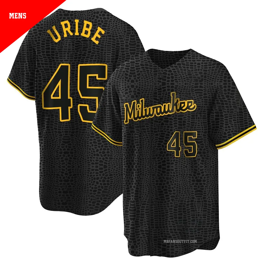 Men's ＃45 Abner Uribe Milwaukee Brewers Black Replica Snake Skin City Jersey