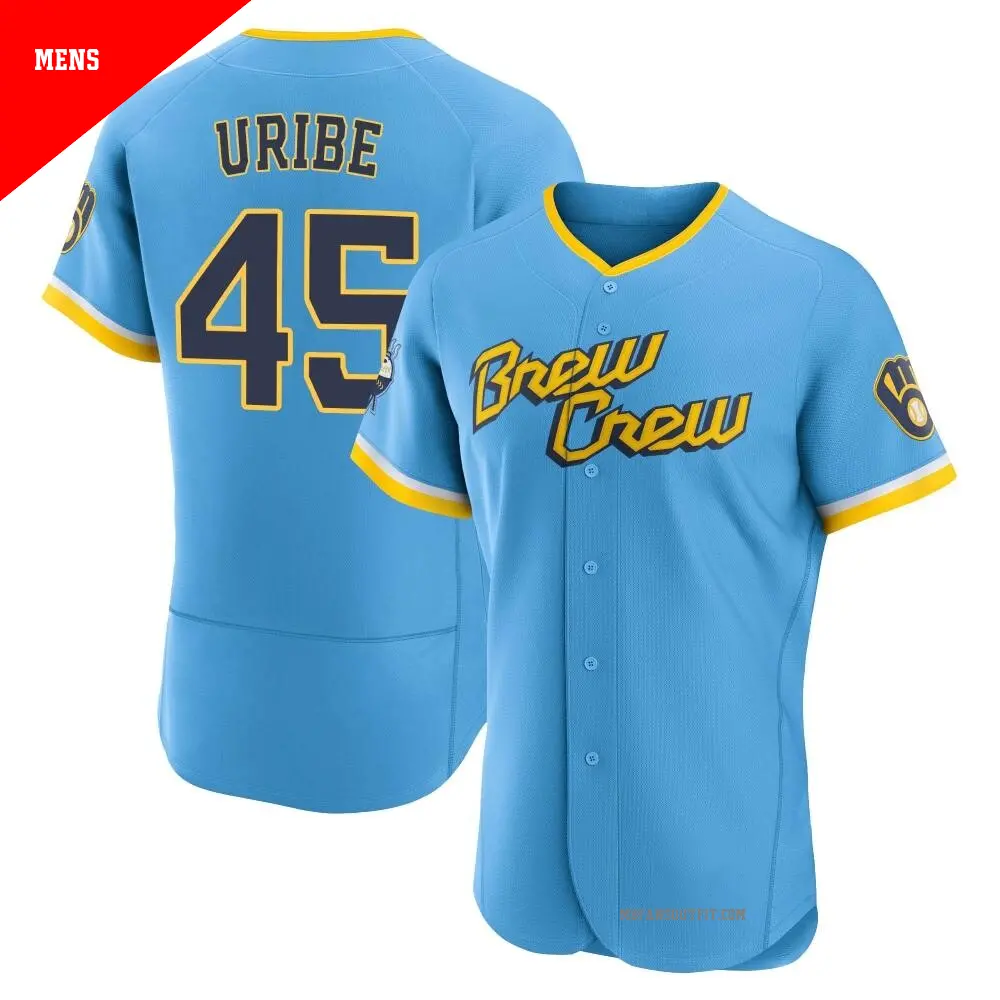 Men's ＃45 Abner Uribe Milwaukee Brewers Blue Authentic Powder 2022 City Connect Jersey