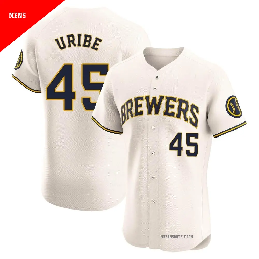 Men's ＃45 Abner Uribe Milwaukee Brewers Cream Elite Home Jersey