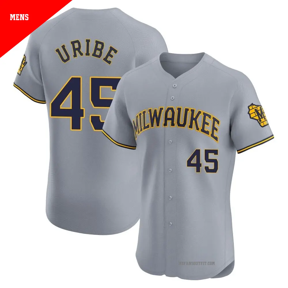 Men's ＃45 Abner Uribe Milwaukee Brewers Gray Elite Road Jersey