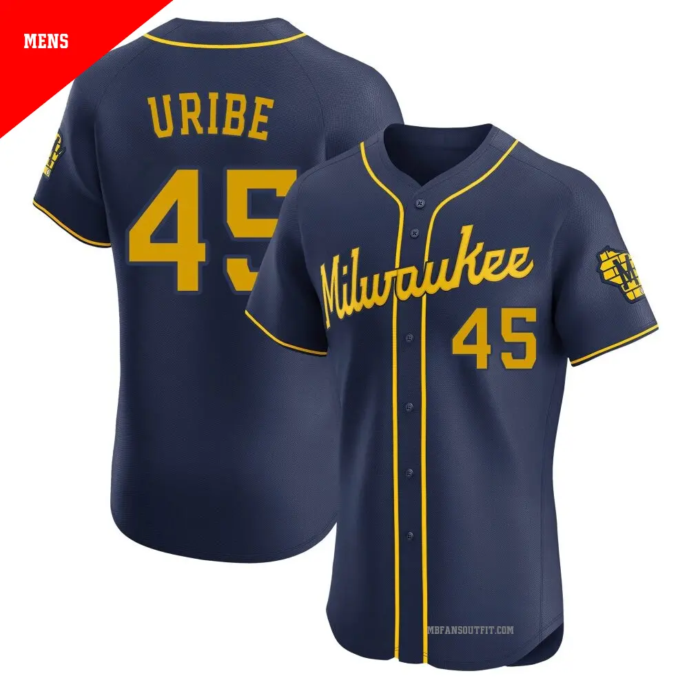 Men's ＃45 Abner Uribe Milwaukee Brewers Navy Elite Alternate Jersey