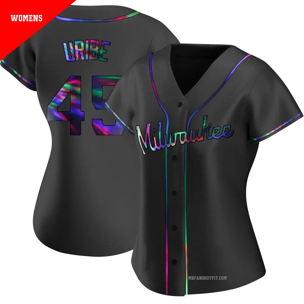 Women's ＃45 Abner Uribe Milwaukee Brewers Black Replica Holographic Alternate Jersey