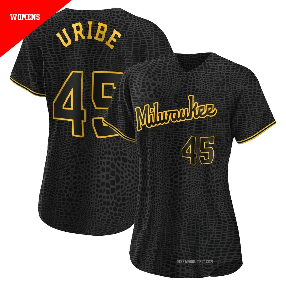 Women's ＃45 Abner Uribe Milwaukee Brewers Black Replica Snake Skin City Jersey