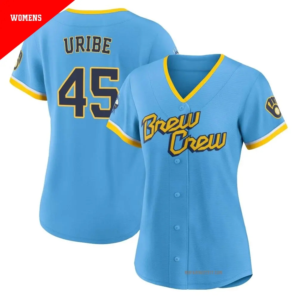 Women's ＃45 Abner Uribe Milwaukee Brewers Blue Authentic Powder 2022 City Connect Jersey