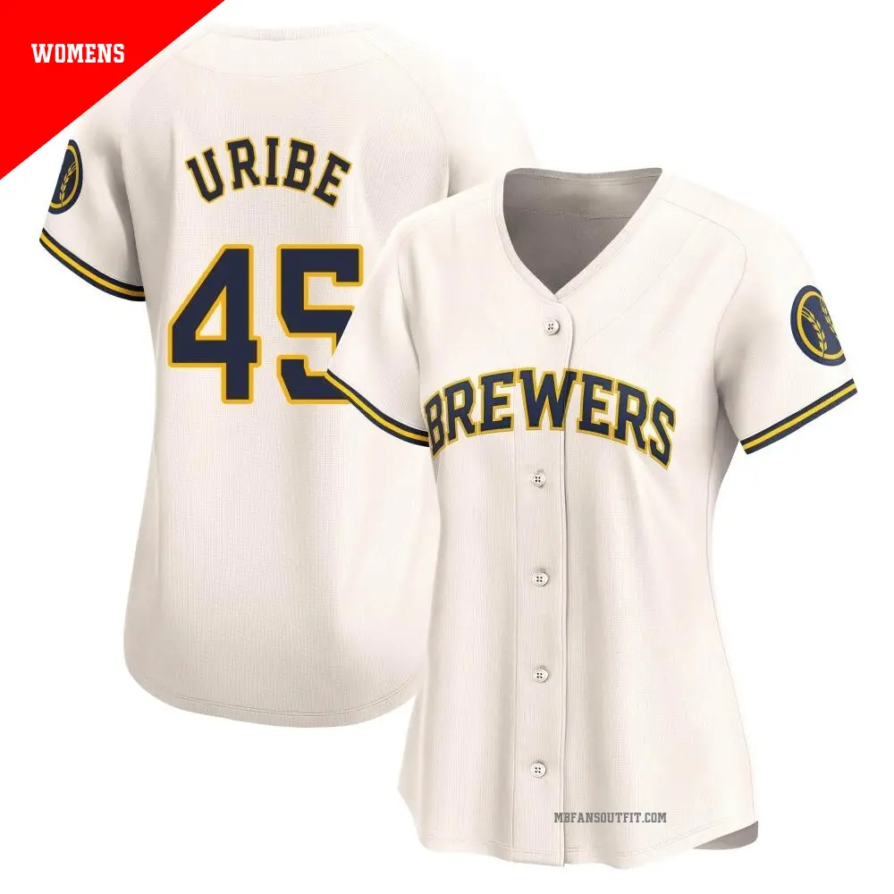 Women's ＃45 Abner Uribe Milwaukee Brewers Cream Limited Home Jersey