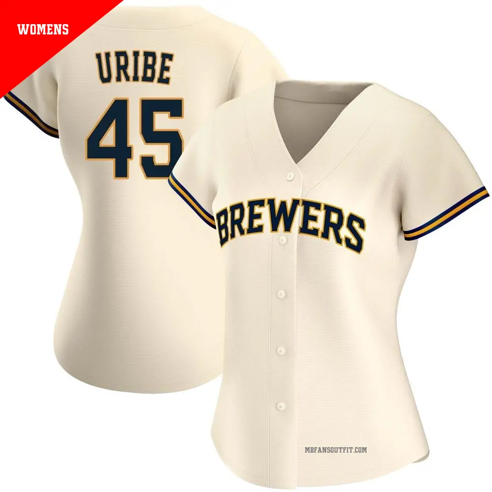 Women's ＃45 Abner Uribe Milwaukee Brewers Cream Replica Home Jersey