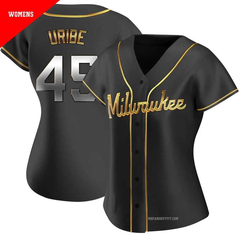 Women's ＃45 Abner Uribe Milwaukee Brewers Gold Replica Black en Alternate Jersey