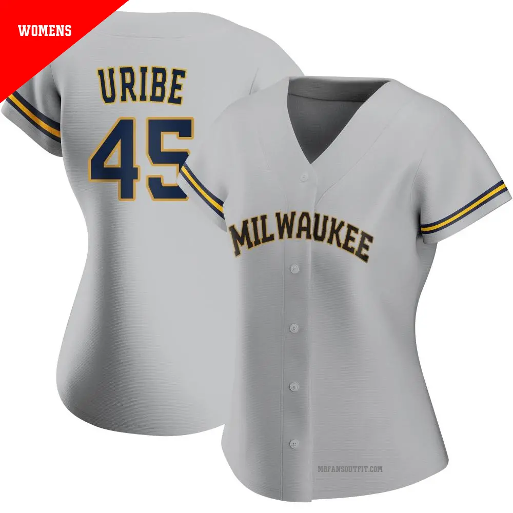 Women's ＃45 Abner Uribe Milwaukee Brewers Gray Replica Road Jersey