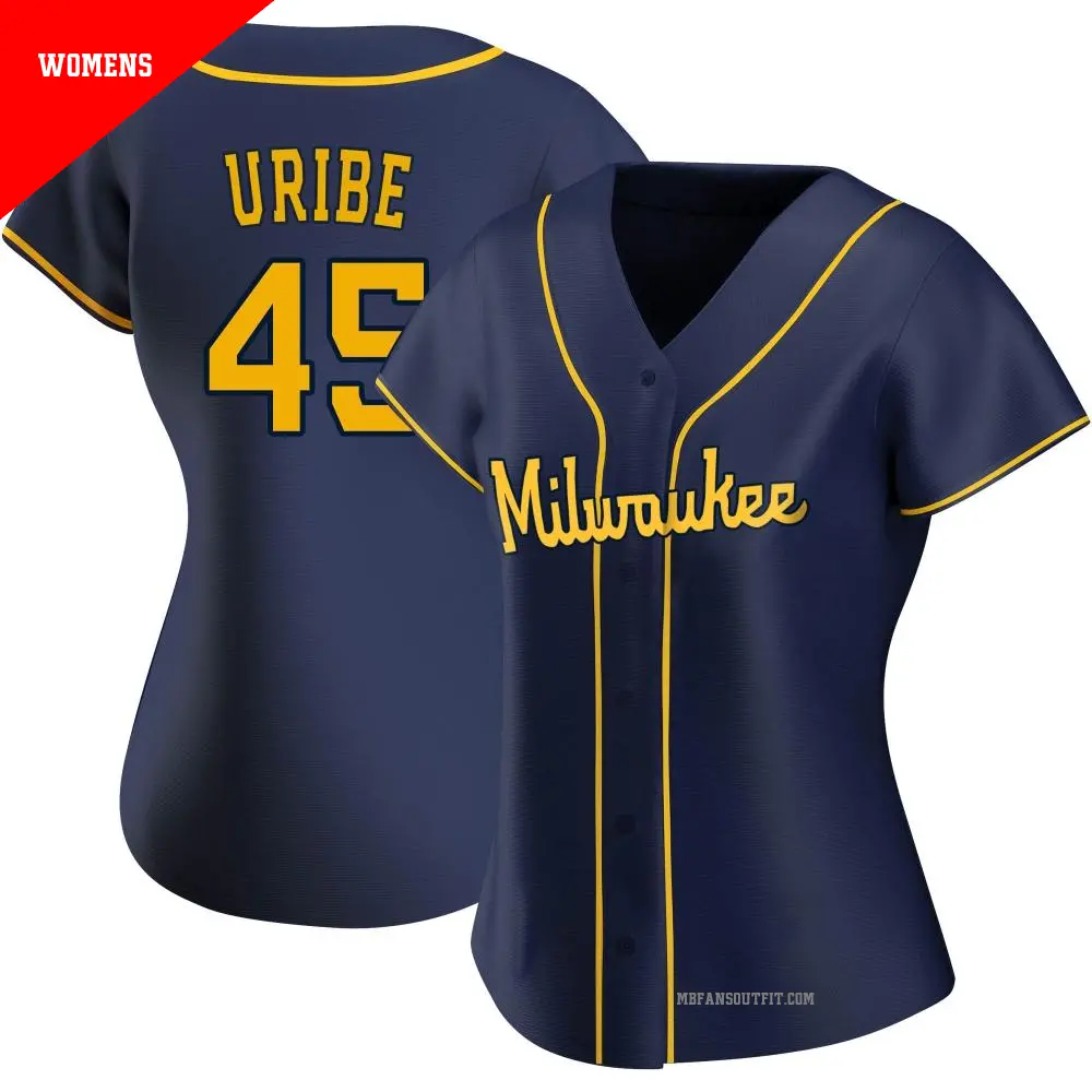 Women's ＃45 Abner Uribe Milwaukee Brewers Navy Authentic Alternate Jersey
