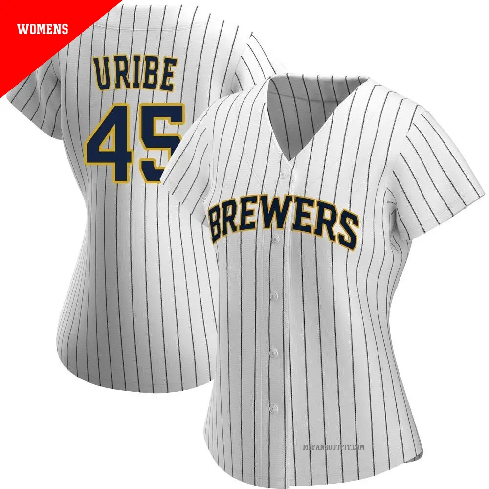 Women's ＃45 Abner Uribe Milwaukee Brewers White/Navy Replica Alternate Jersey