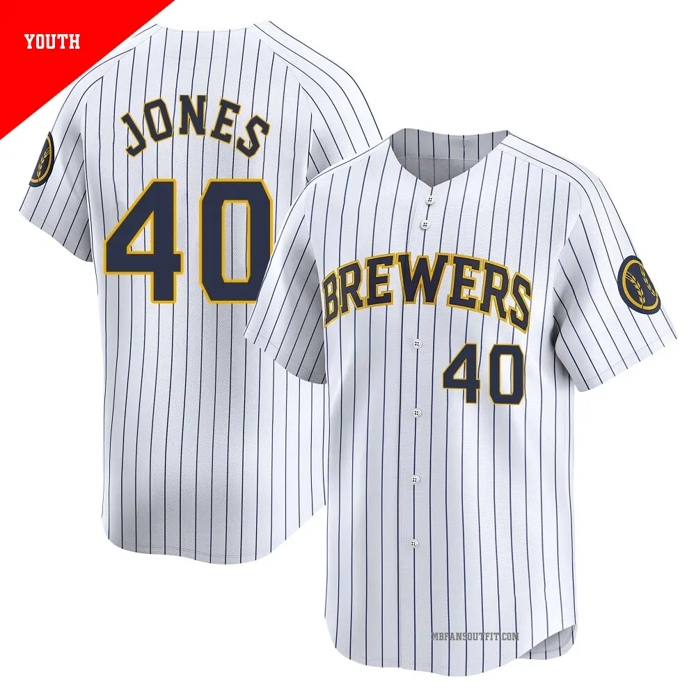 Youth ＃40 Greg Jones Milwaukee Brewers White Limited Alternate Jersey
