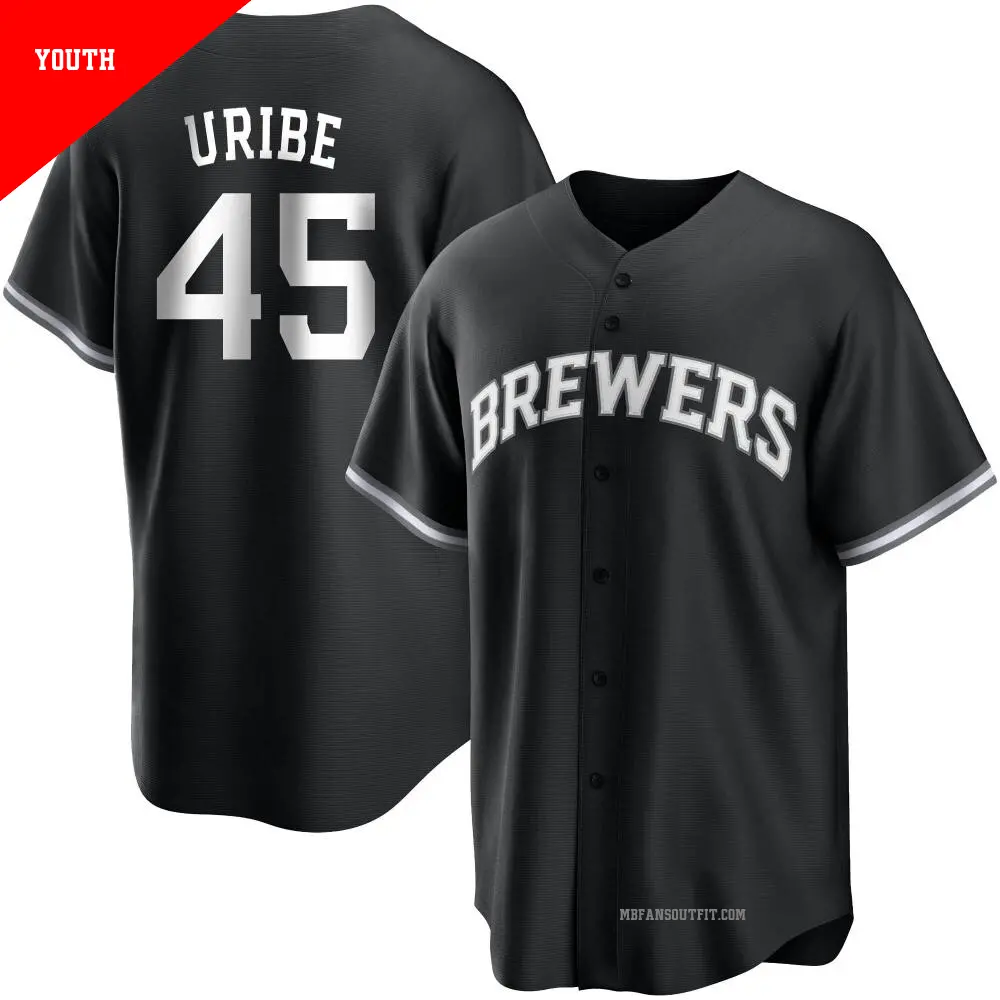 Youth ＃45 Abner Uribe Milwaukee Brewers Black/White Replica Jersey
