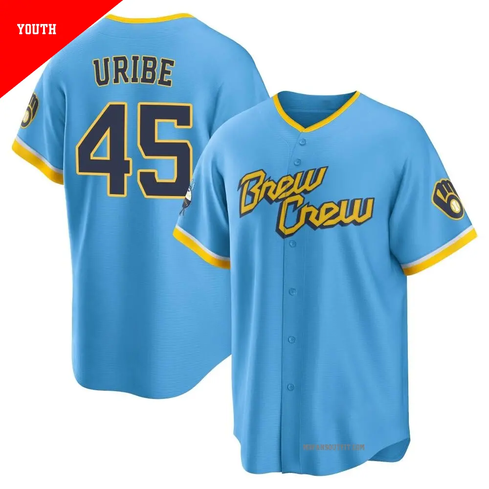 Youth ＃45 Abner Uribe Milwaukee Brewers Blue Replica Powder 2022 City Connect Jersey