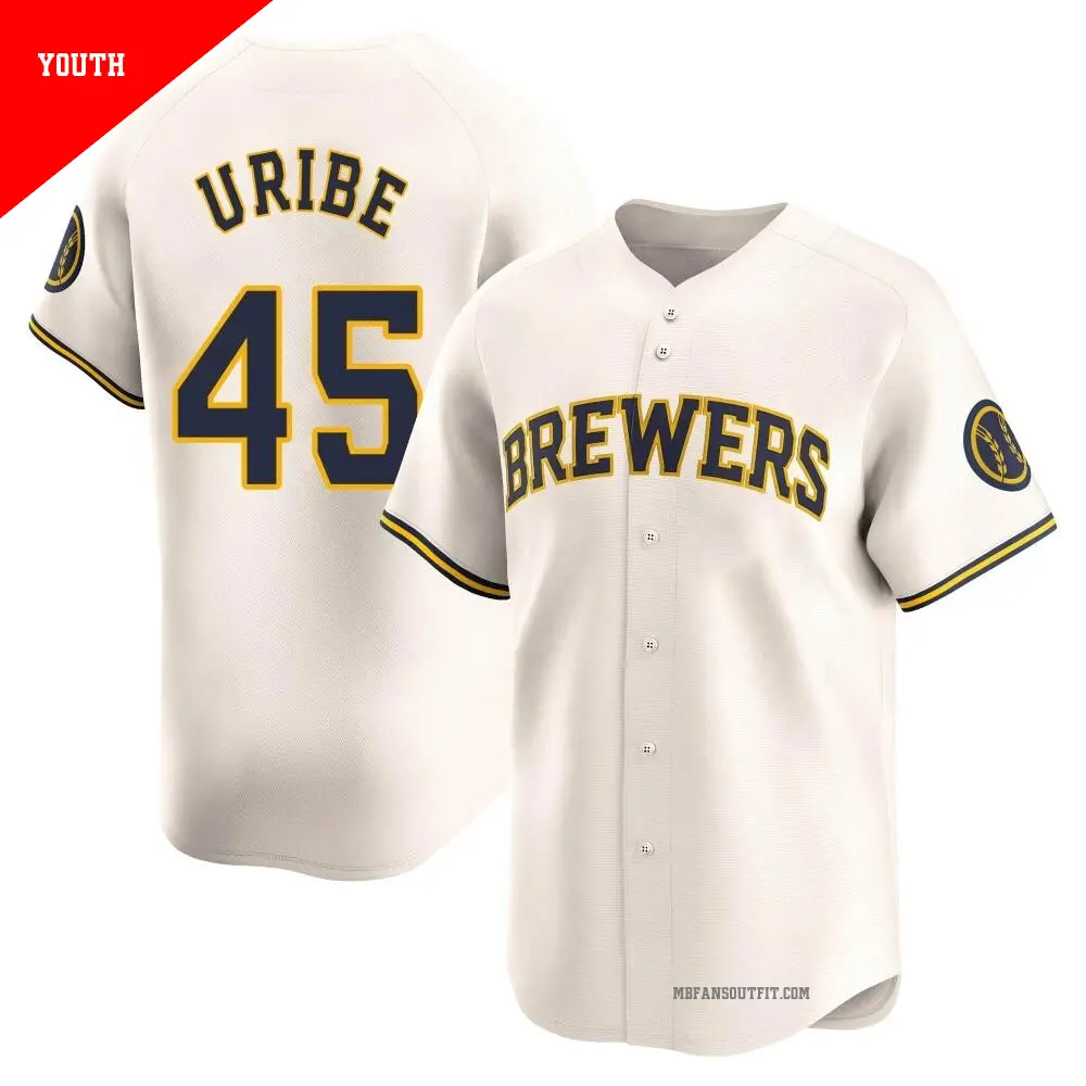 Youth ＃45 Abner Uribe Milwaukee Brewers Cream Limited Home Jersey