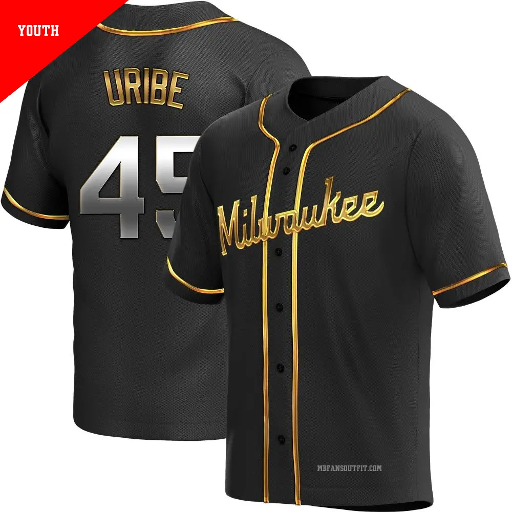 Youth ＃45 Abner Uribe Milwaukee Brewers Gold Replica Black en Alternate Jersey