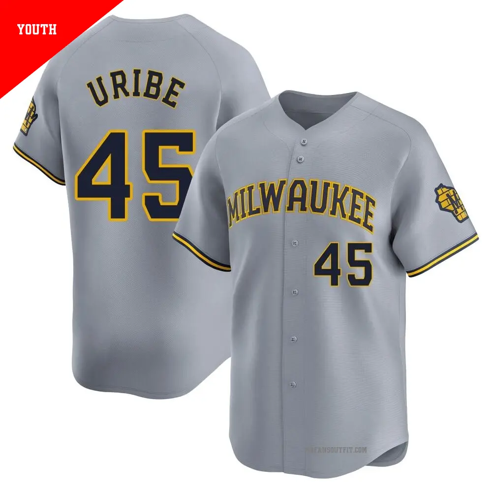 Youth ＃45 Abner Uribe Milwaukee Brewers Gray Limited Away Jersey