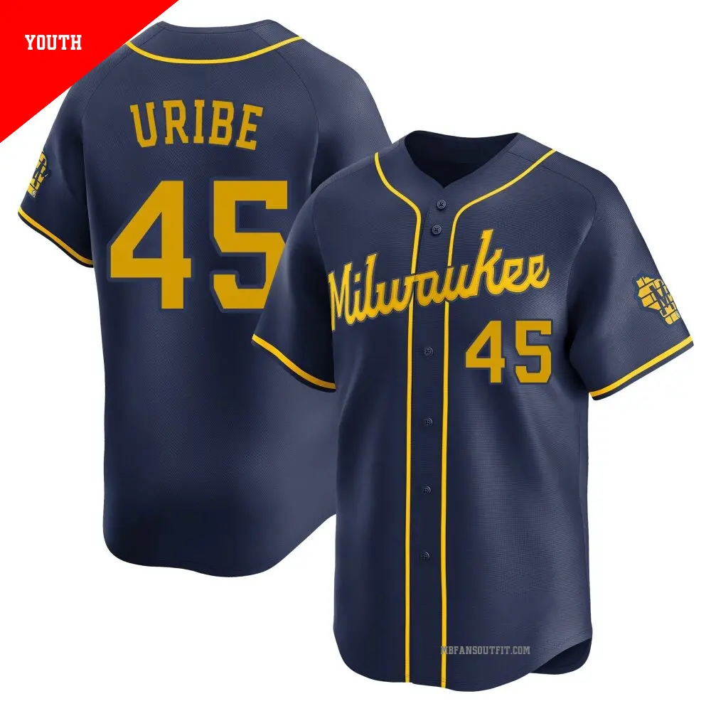 Youth ＃45 Abner Uribe Milwaukee Brewers Navy Limited Alternate Jersey