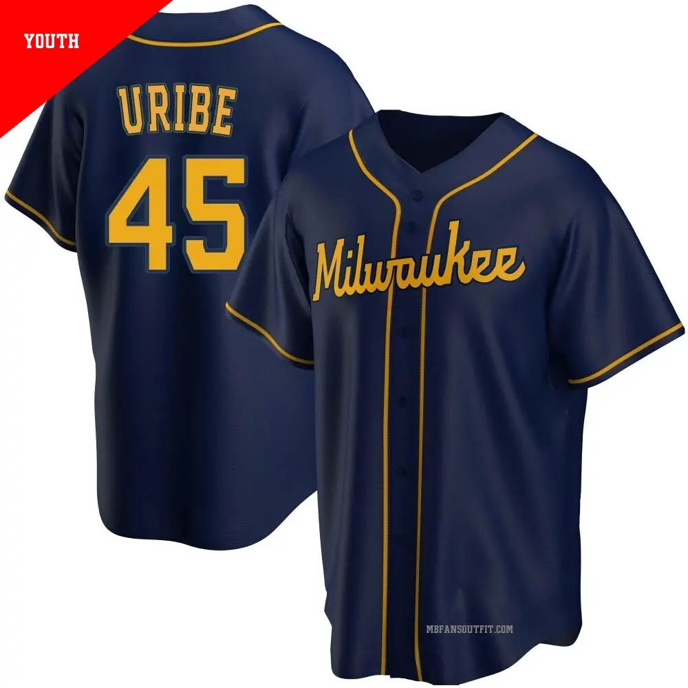 Youth ＃45 Abner Uribe Milwaukee Brewers Navy Replica Alternate Jersey