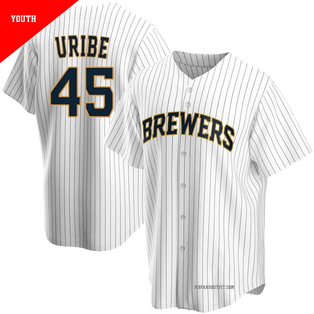 Youth ＃45 Abner Uribe Milwaukee Brewers White Replica Home Jersey
